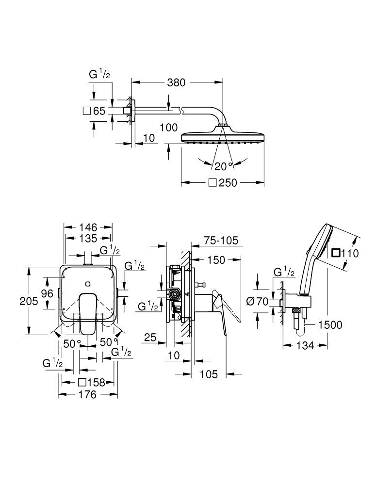 Potinkinės sistemos komplektas Grohe Cubeo, 1053362430 3 Potinkinės sistemos komplektas Grohe Cubeo, 1053362430 3