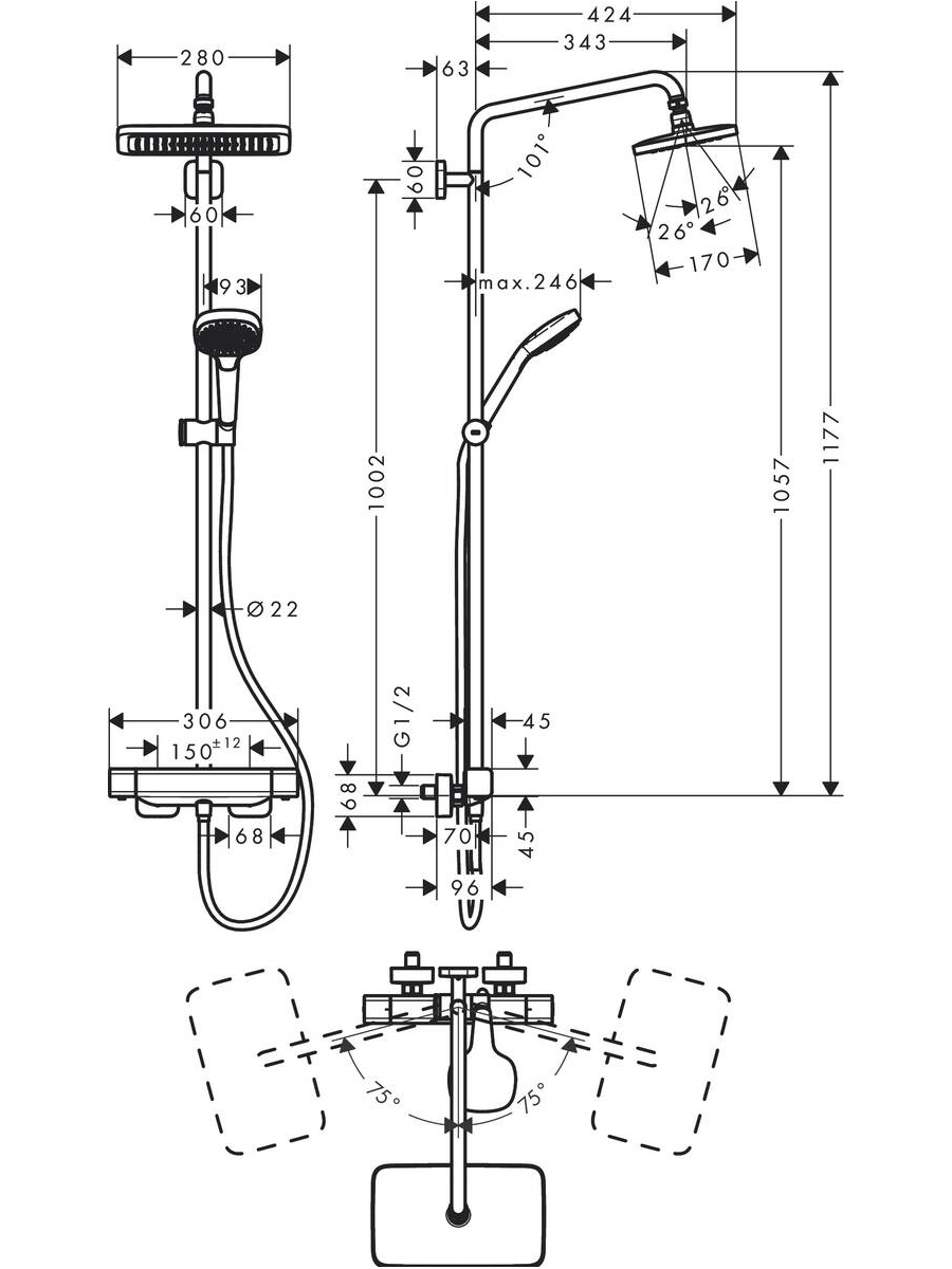 Dušo komplektas Hansgrohe Croma E Showerpipe 280 1 Jet 11 Dušo komplektas Hansgrohe Croma E Showerpipe 280 1 Jet 11