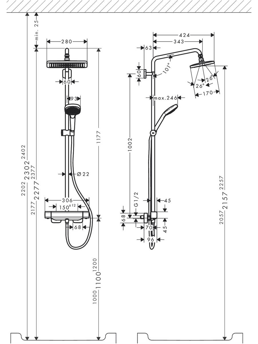 Dušo komplektas Hansgrohe Croma E Showerpipe 280 1 Jet 10 Dušo komplektas Hansgrohe Croma E Showerpipe 280 1 Jet 10