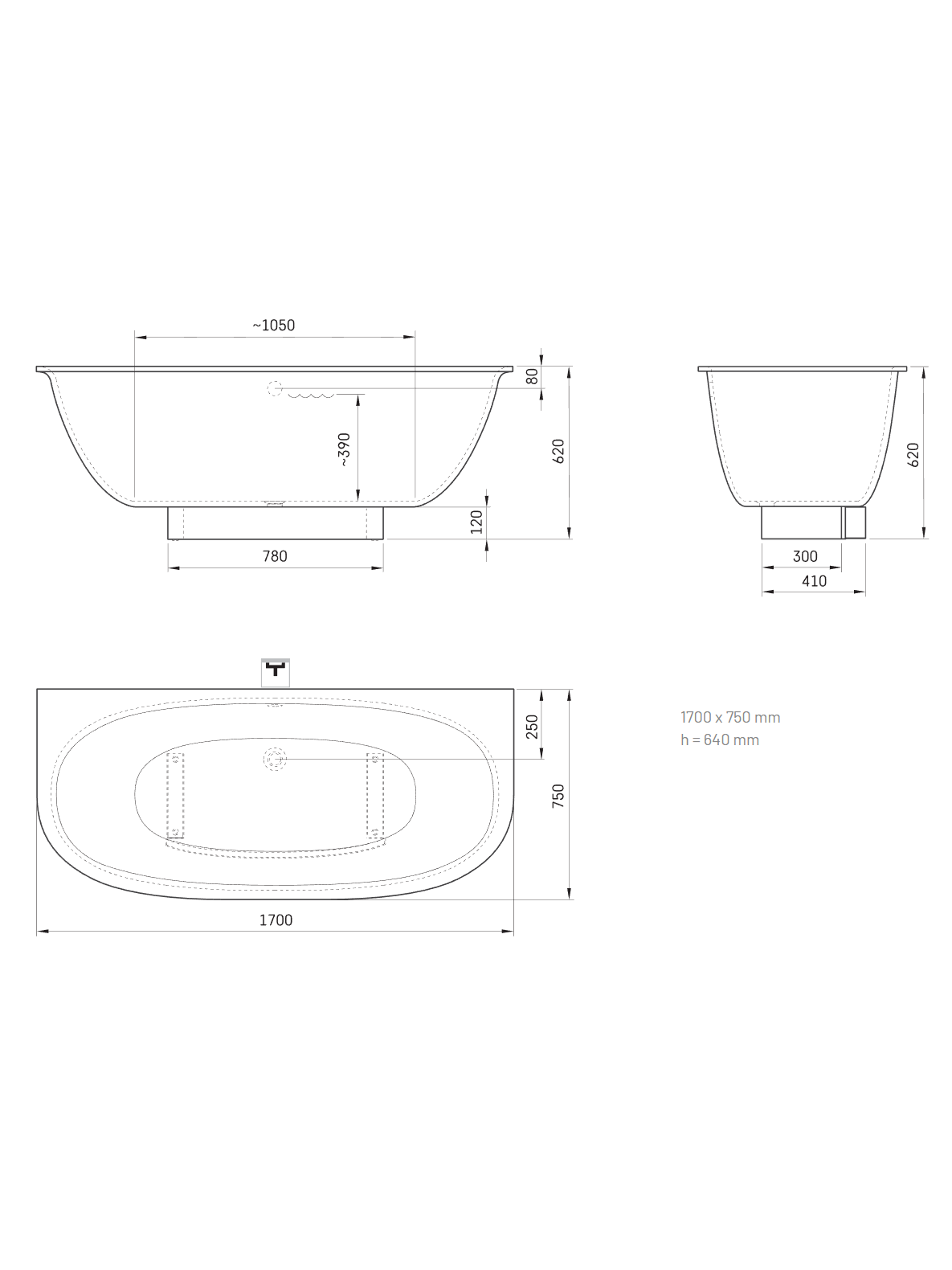 Akmens masės vonia PAA Verso 170x75 cm 16 Akmens masės vonia PAA Verso 170x75 cm 16