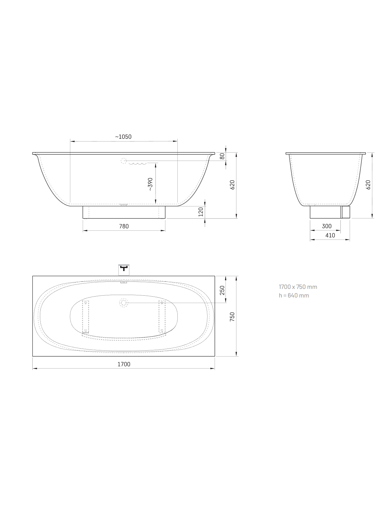 Akmens masės vonia PAA Verso 170x75 cm 1 Akmens masės vonia PAA Verso 170x75 cm 1