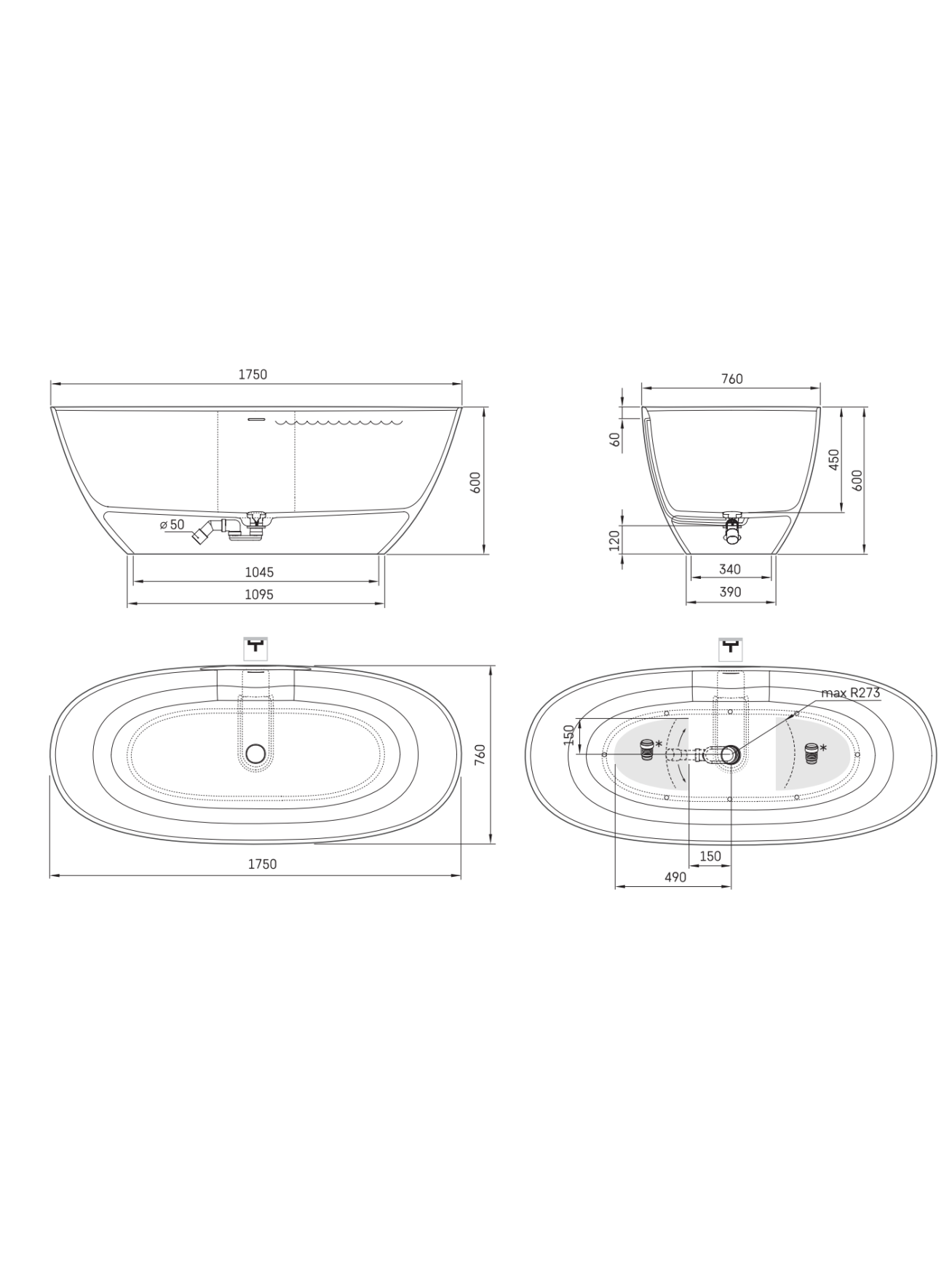 Vonia PAA Perla 175 x 76 cm su sifonu 10