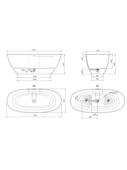 Vonia PAA Perla 175 x 76 cm su sifonu 10