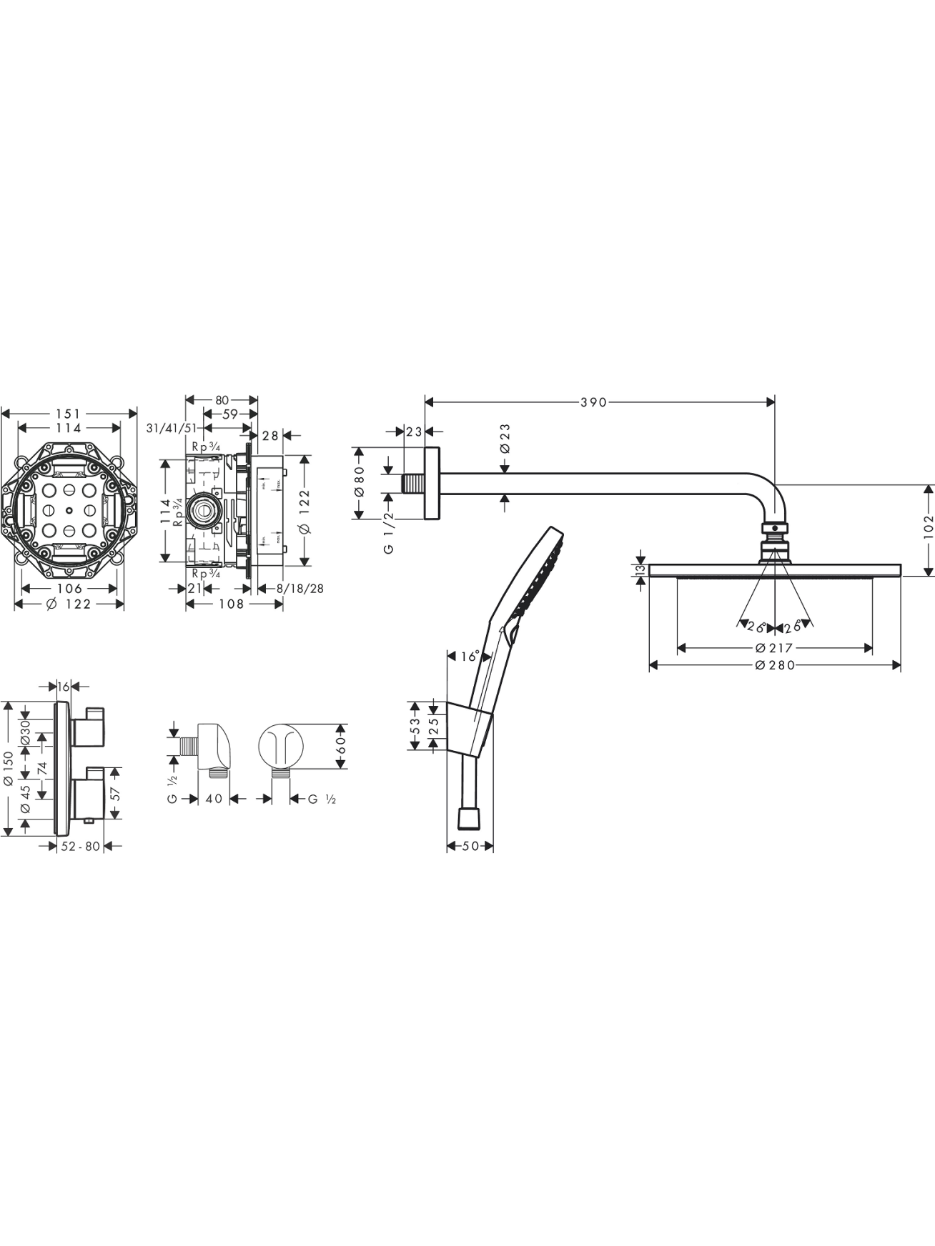 Potinkinės sistemos komplektas Hansgrohe Croma 28 Ecostat S 4