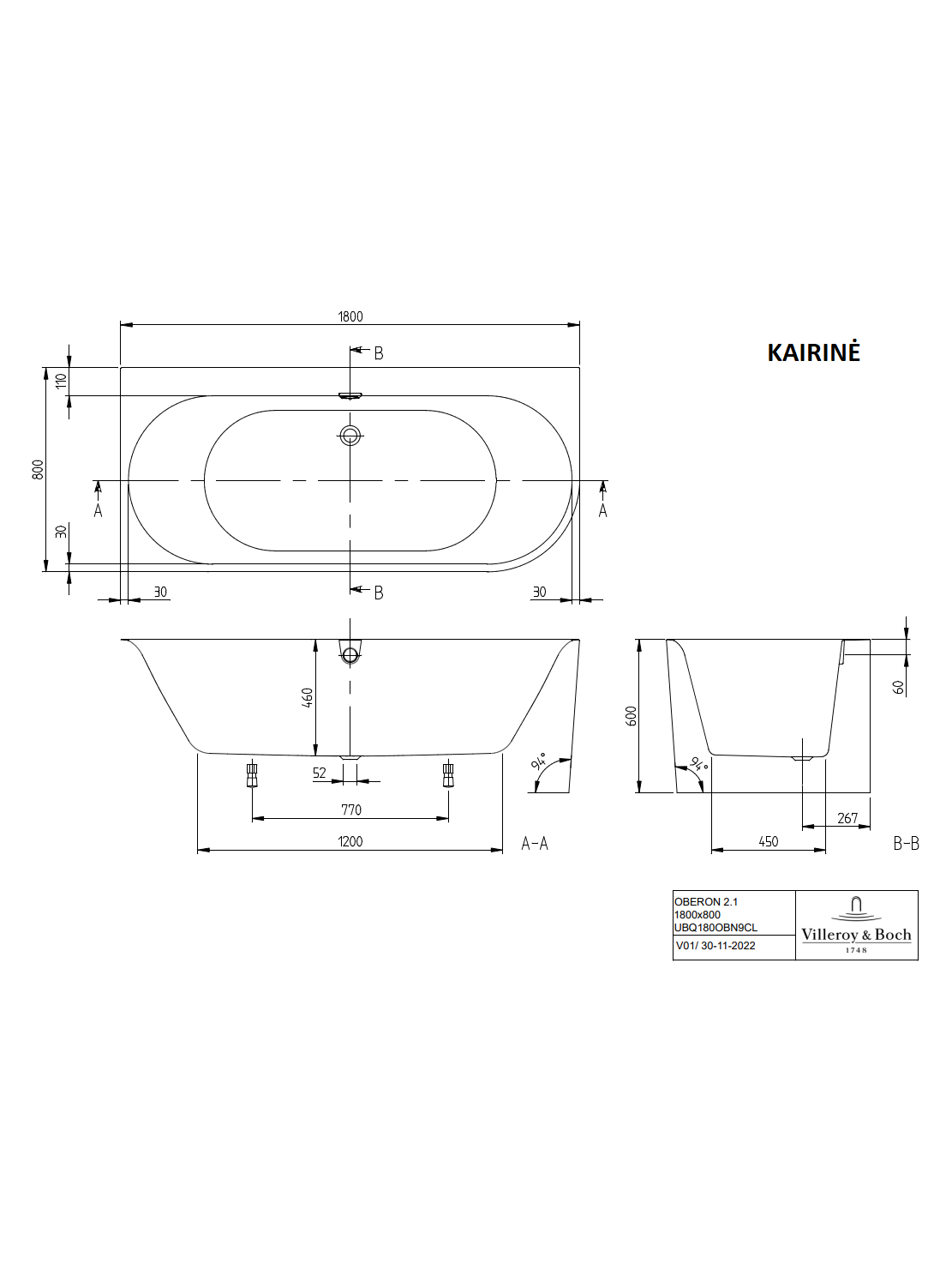 Kampinė vonia Villeroy & Boch Oberon 2.1 180x80 cm su sifonu 5 Kampinė vonia Villeroy & Boch Oberon 2.1 180x80 cm su sifonu 5