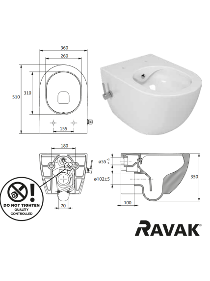 Pakabinamas klozetas su bidė funkcija Ravak Uni Chrome Rimoff 1